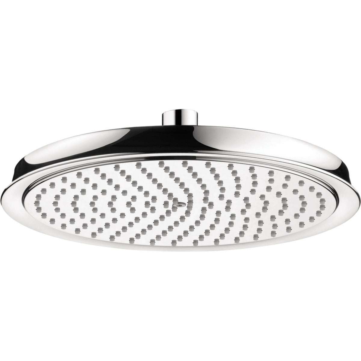 Chrome round shower head with multiple spray jets arranged in curved rows across a flat face.