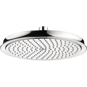 Chrome round shower head with multiple spray jets arranged in curved rows across a flat face.