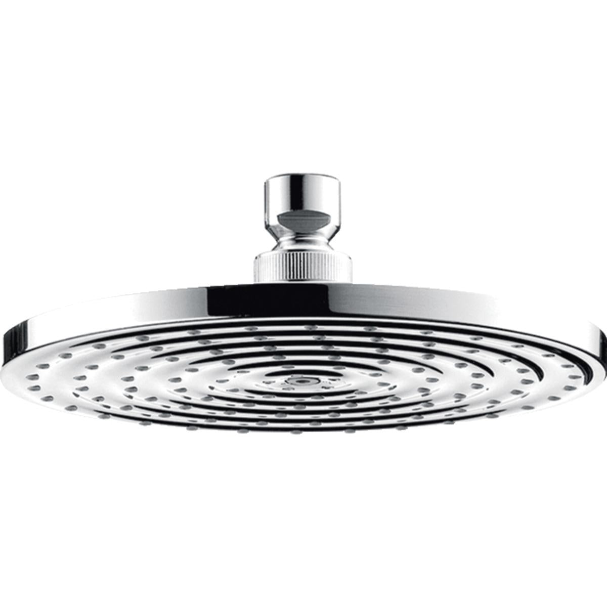 Chrome circular shower head with multiple jet spray holes and cylindrical connection fitting at top.