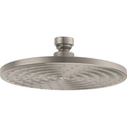 Brushed nickel round shower head with rain spray nozzles and swivel connector on white background.