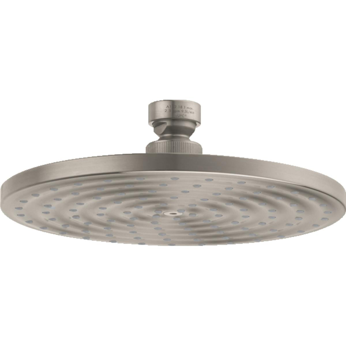 Brushed nickel round shower head with rain spray nozzles and swivel connector on white background.