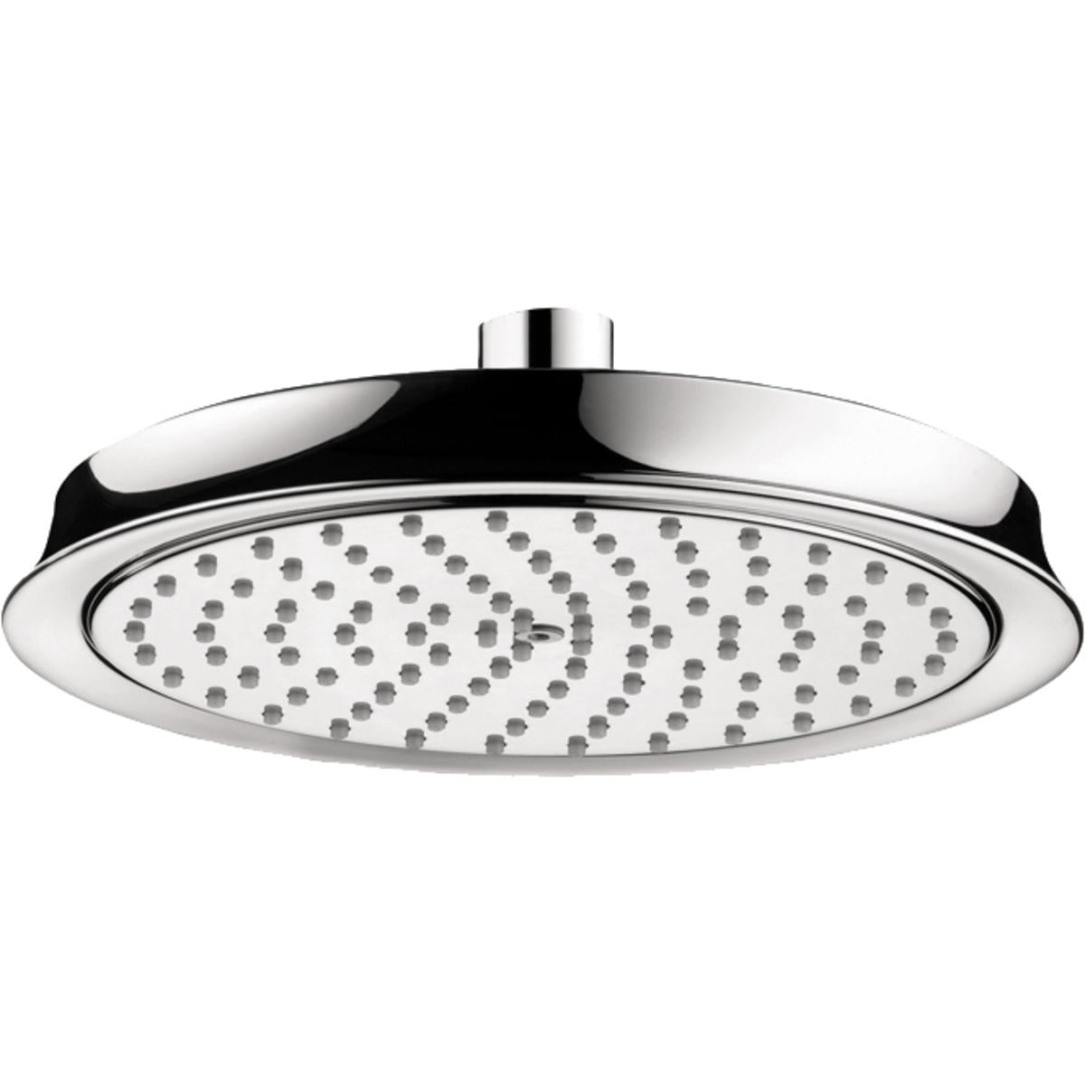 Chrome overhead rain showerhead with round face and multiple spray jets arranged in circular pattern.