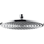 Chrome round shower head with multiple jet openings and ceiling-mounted arm connector.