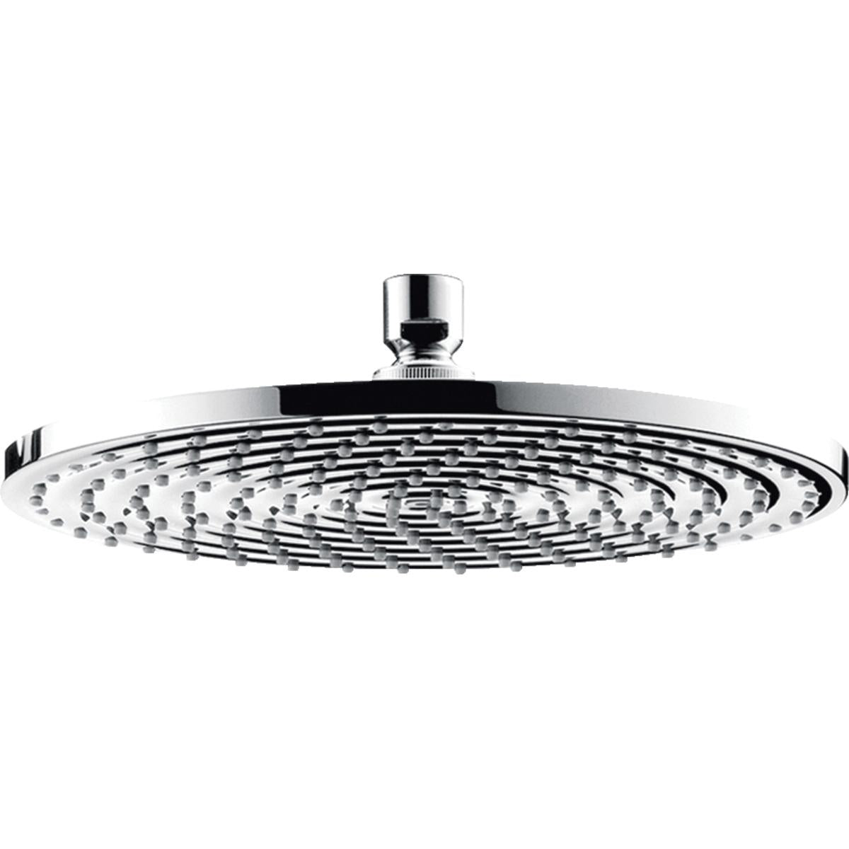 Chrome round shower head with multiple jet openings and ceiling-mounted arm connector.