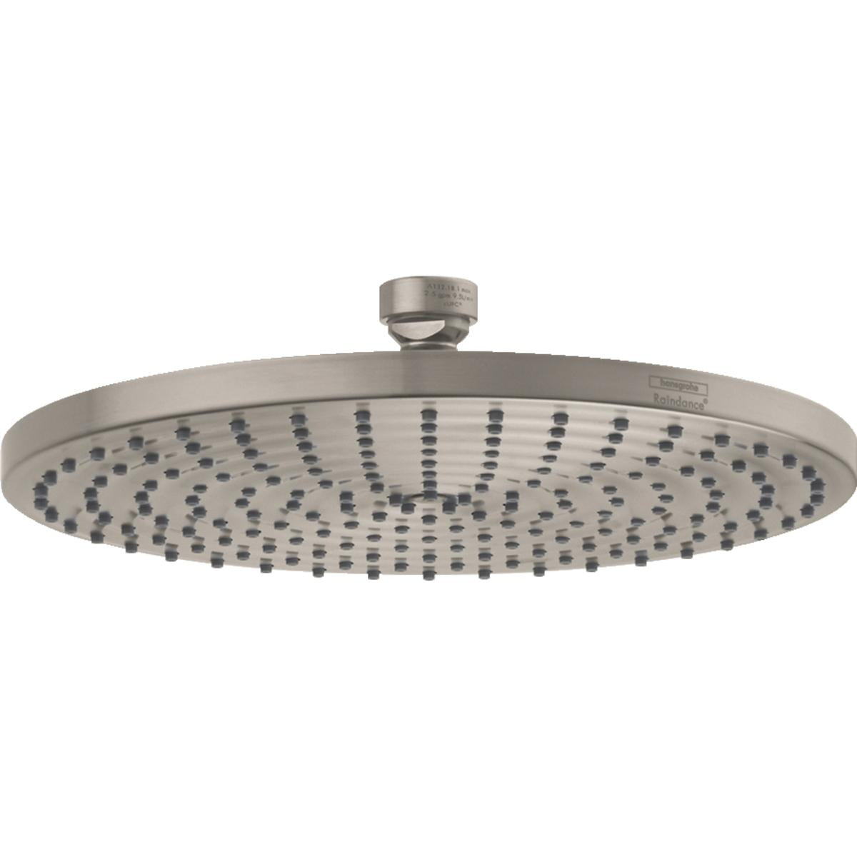 Brushed nickel round shower head with multiple jets and ceiling mount connector.
