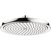 Chrome round shower head with multiple spray jets in a curved pattern arrangement and short ceiling mount.