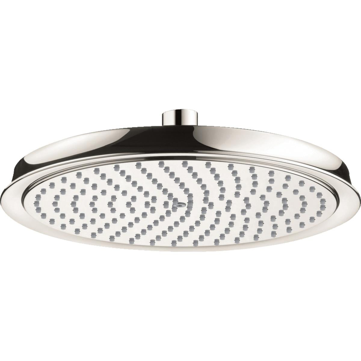 Polished nickel round shower head with multiple spray jets arranged in curved pattern on face plate.