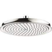 Polished nickel round shower head with multiple spray jets arranged in curved pattern on face plate.