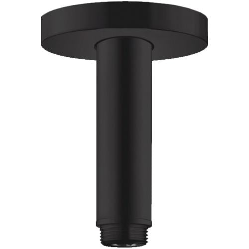 Matte black ceiling mount extension pipe with circular flange and threaded connector.