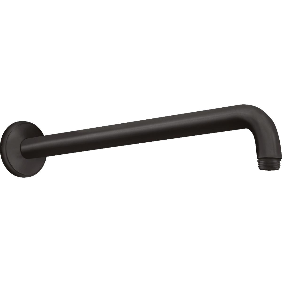 Matte black shower arm with wall-mounted circular escutcheon and angled elbow connector at end.