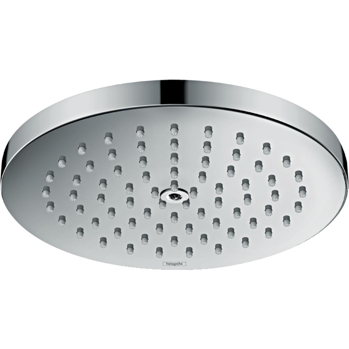 Chrome circular shower head with multiple spray jets distributed across flat face and chrome rim.