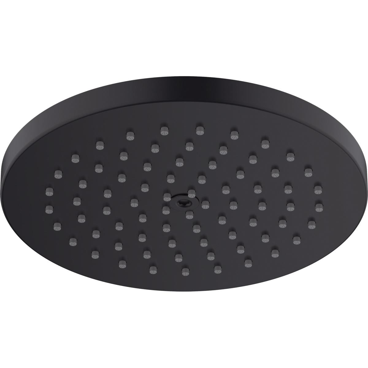 Matte black circular shower head with multiple evenly-spaced jets across the surface, viewed from below.