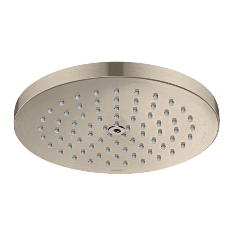 Brushed nickel round shower head with multiple spray holes and centered control valve.