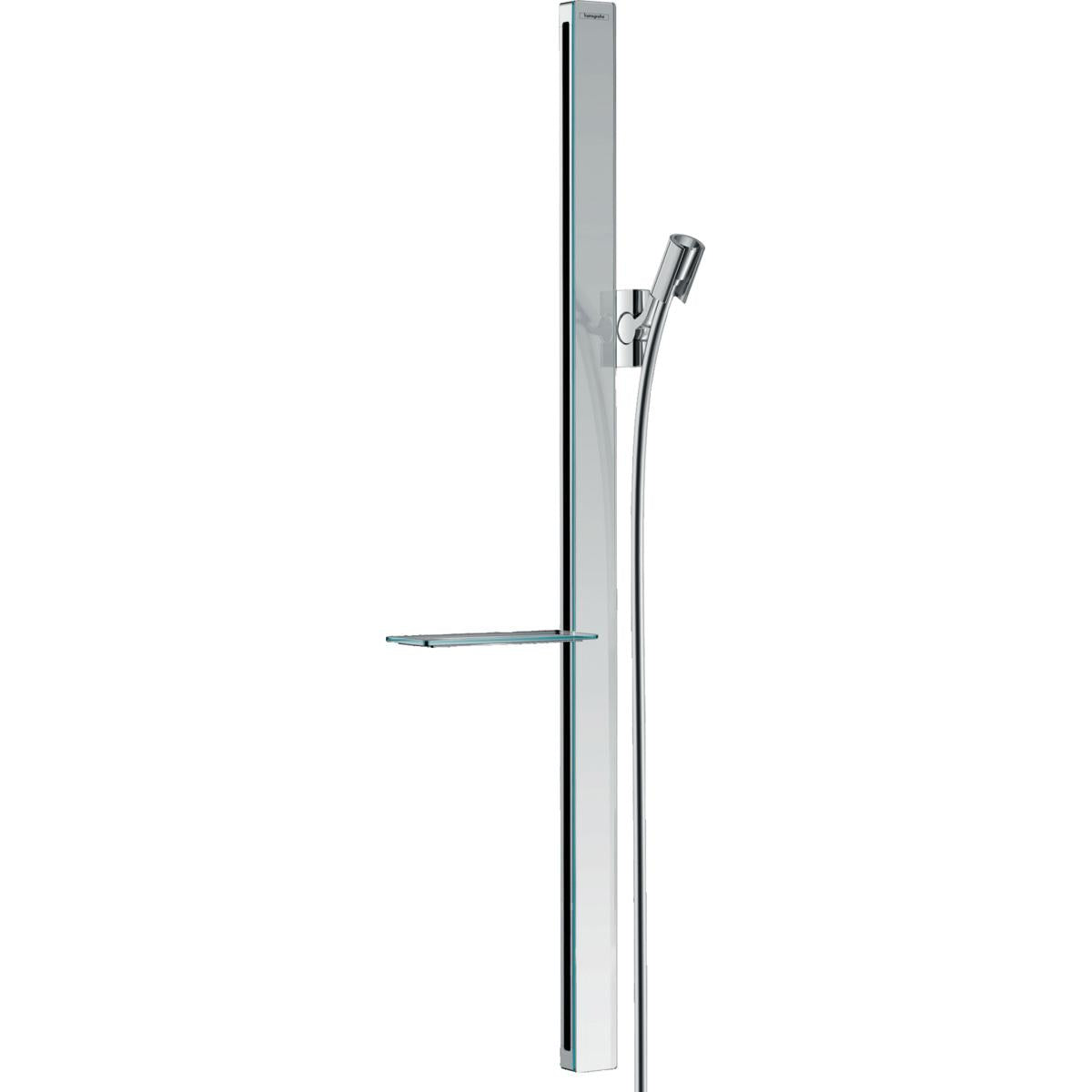 Chrome wallbar shower rail with adjustable handshower holder and horizontal shelf bracket.