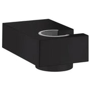 Matte black wall-mounted handshower holder with curved cradle and rectangular mounting plate.