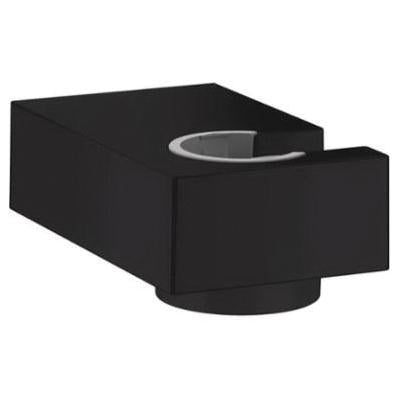 Matte black wall-mounted handshower holder with curved cradle and rectangular mounting plate.