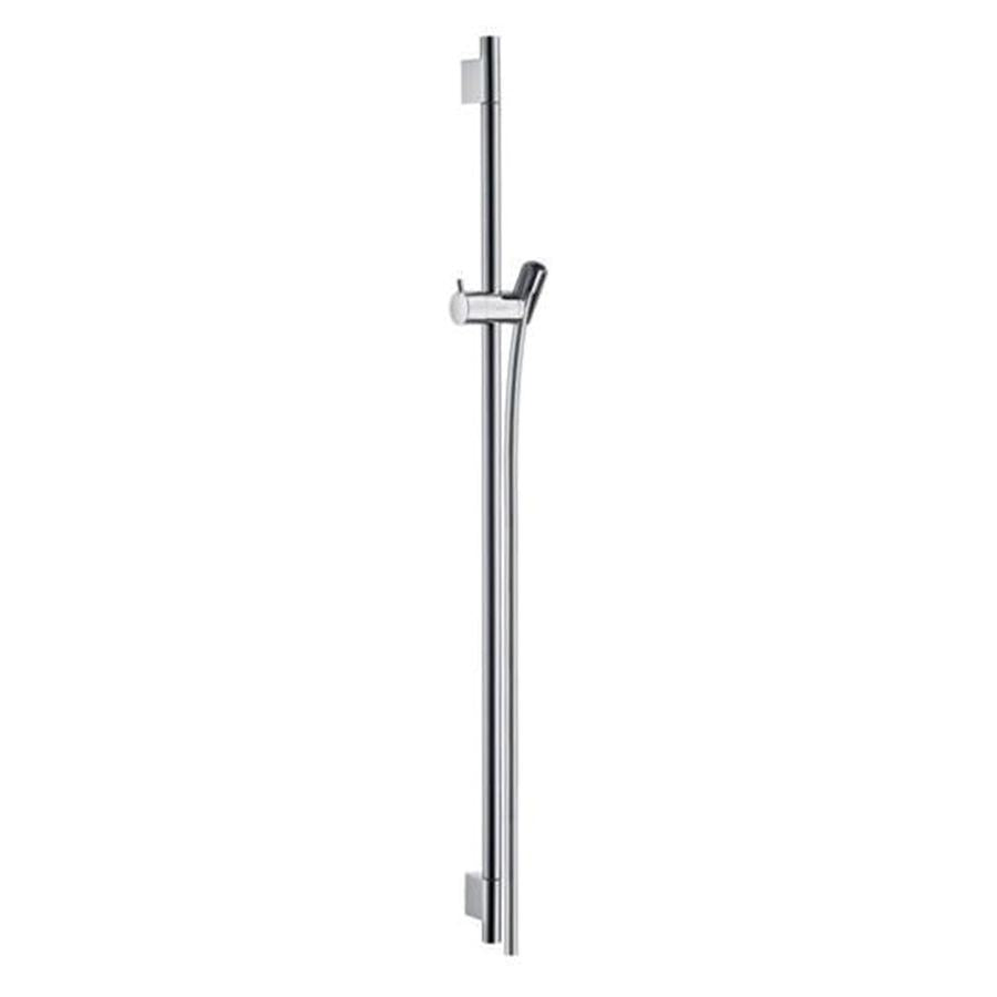 Chrome wallbar with vertical rail, adjustable handshower holder, and wall mounting brackets.