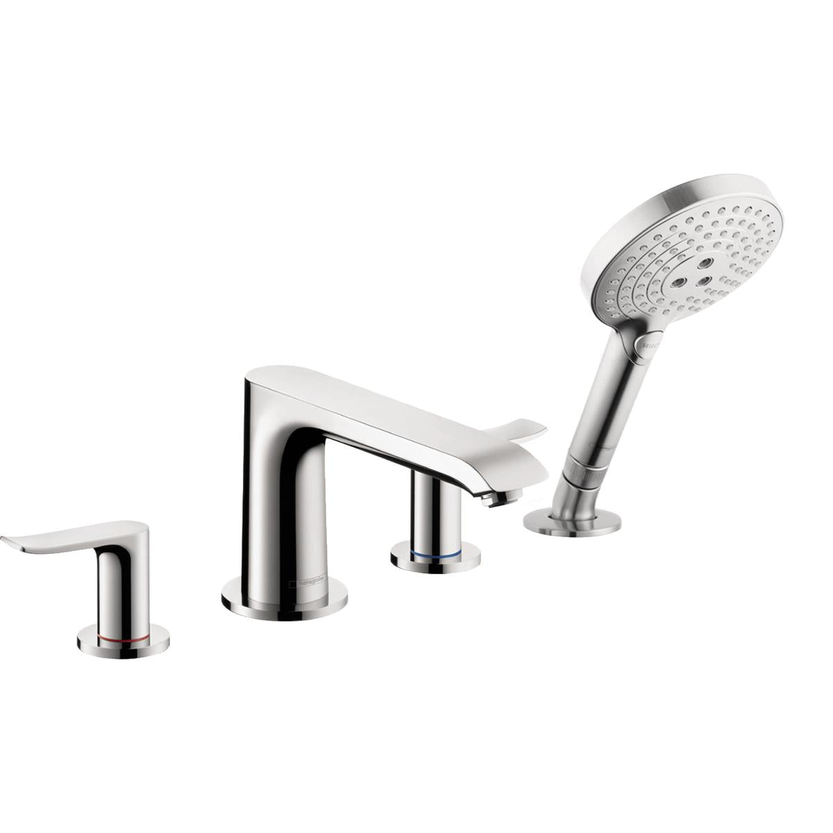 Chrome four-hole roman tub faucet set with curved spout, lever handles, and handheld showerhead with spray holes.