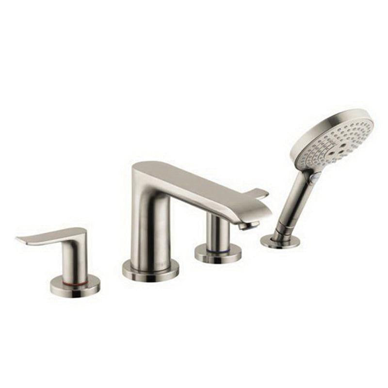 Brushed nickel four-piece roman tub faucet set with spout, two handles, and detachable handheld showerhead.