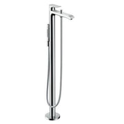 Chrome freestanding tub filler with tall spout, control lever, and handheld showerhead with hose.