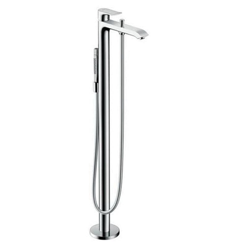 Chrome freestanding tub filler with tall spout, control lever, and handheld showerhead with hose.