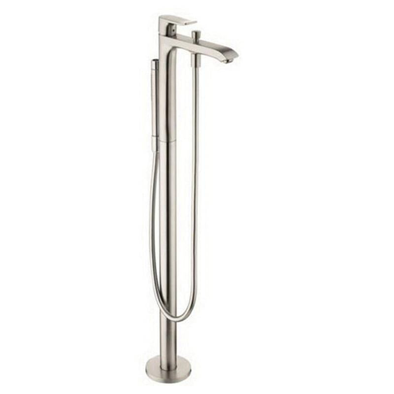 Brushed nickel freestanding tub filler with tall curved spout, handheld showerhead, and hose attachment.