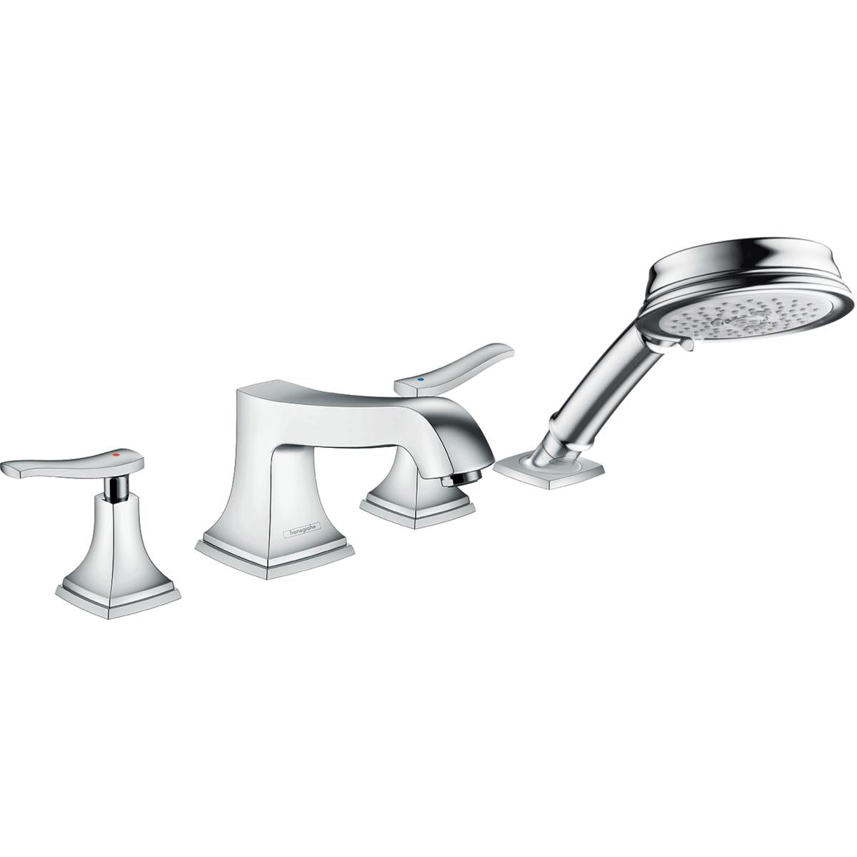 Chrome four-hole roman tub faucet set with two lever handles, spout, and detachable handshower with perforated head.