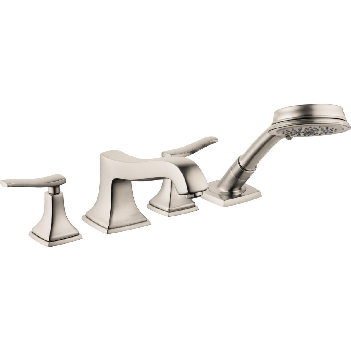 Brushed nickel four-hole roman tub faucet set with two lever handles, curved spout, and handheld showerhead.