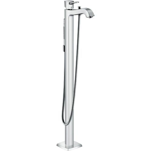 Chrome freestanding tub filler with tall vertical spout, curved tub filler outlet, and detachable handshower with hose.