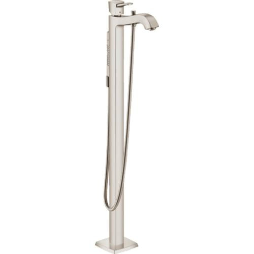 Brushed nickel freestanding tub filler with curved spout, floor-mounted base, and attached handshower with hose.