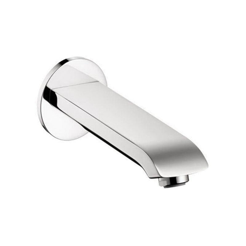 Chrome tub spout with curved rectangular outlet and circular wall-mounted flange.