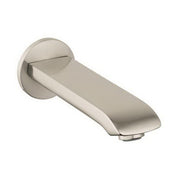 Brushed nickel tub spout with curved rectangular outlet and circular wall flange.
