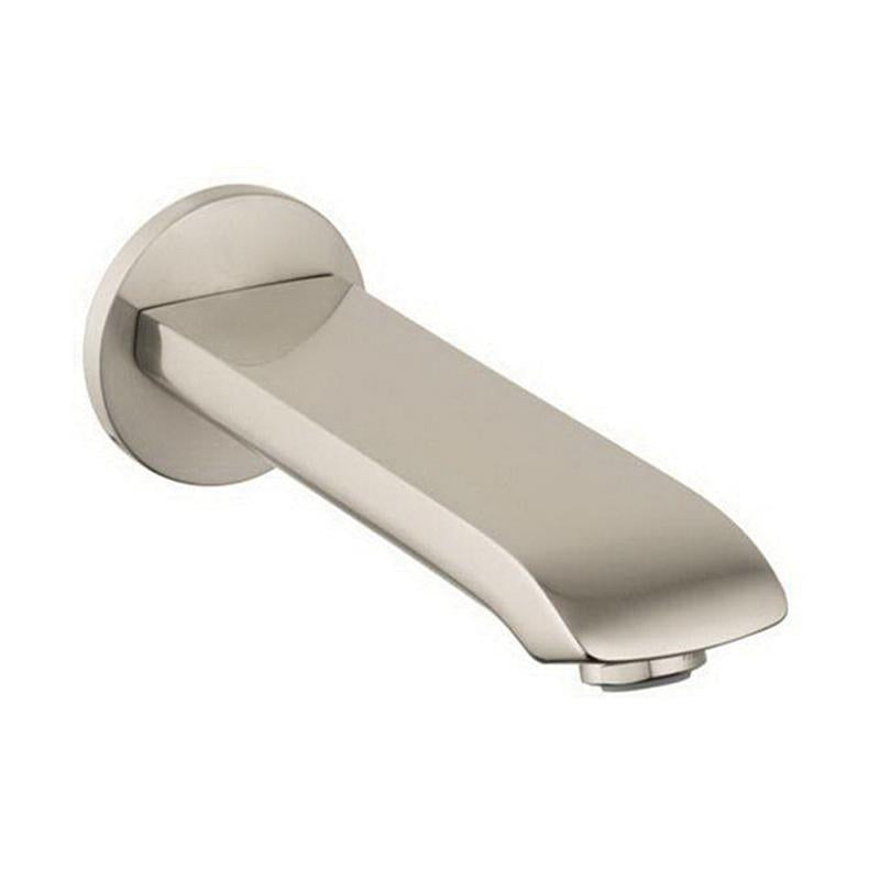 Brushed nickel tub spout with curved rectangular outlet and circular wall flange.