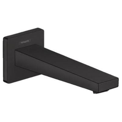 Matte black rectangular tub spout with square wall-mounted flange and horizontal outlet.