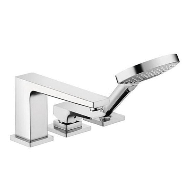 Chrome three-piece Roman tub faucet set with lever handles and detachable handshower on deck.