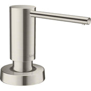 Cylindrical stainless steel soap dispenser with horizontal spout and round base in brushed nickel finish.