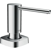 Chrome soap dispenser with cylindrical pump body and angled spout mounted on square base.