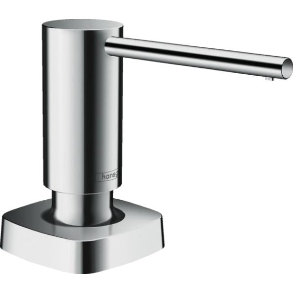 Chrome soap dispenser with cylindrical pump body and angled spout mounted on square base.