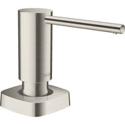 Hansgrohe Metris stainless steel soap dispenser with cylindrical pump and square base, steel optic finish.