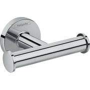 Chrome dual towel hook with round wall plate and two parallel cylindrical arms for hanging towels.