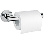 Chrome toilet paper holder with cylindrical rod and circular wall mount, holding white roll.