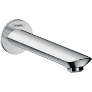 Chrome tub spout with cylindrical angled outlet and round wall-mounted flange.