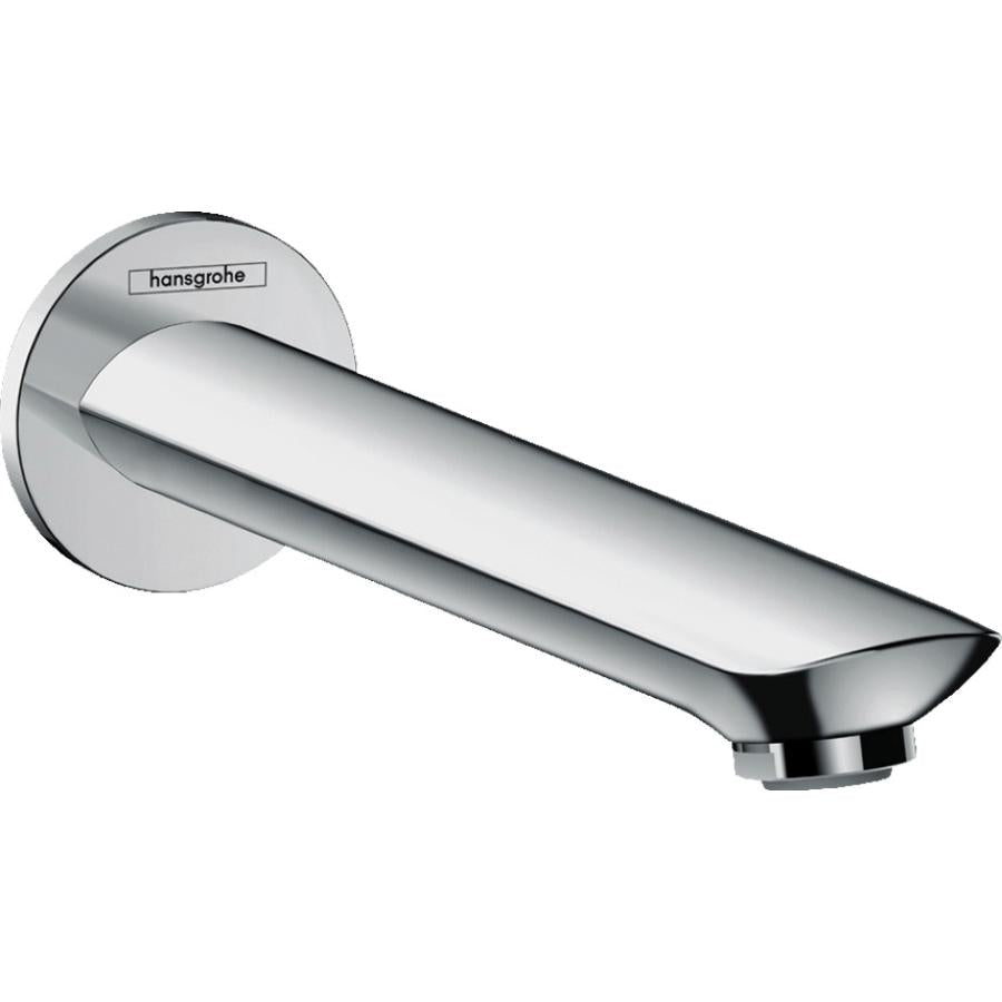 Chrome tub spout with cylindrical angled outlet and round wall-mounted flange.