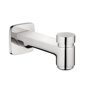 Chrome tub spout with diverter, square wall plate, and cylindrical handle on right side.