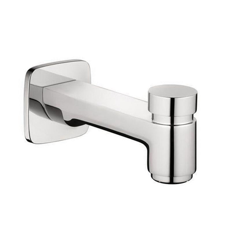 Chrome tub spout with diverter, square wall plate, and cylindrical handle on right side.