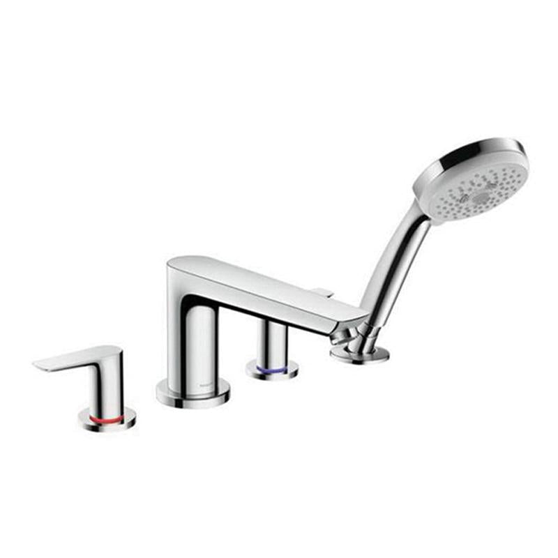 Chrome four-hole roman tub filler with curved spout, two handle valves, and detachable handshower with spray head.