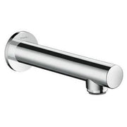 Chrome cylindrical tub spout with wall-mounted round flange and angled outlet.
