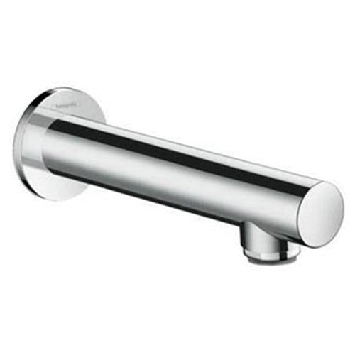 Chrome cylindrical tub spout with wall-mounted round flange and angled outlet.