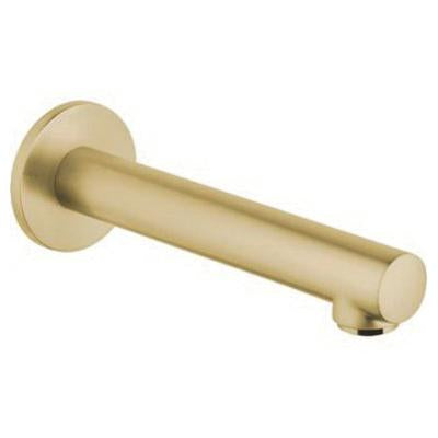 Brushed bronze cylindrical tub spout with round wall-mounted flange and angled outlet.