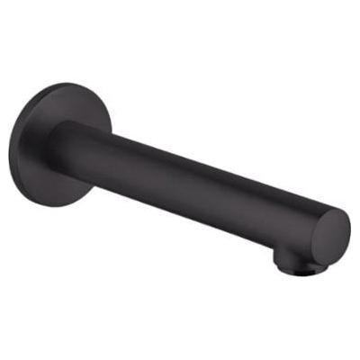 Matte black cylindrical tub spout with round wall flange and angled outlet nozzle.